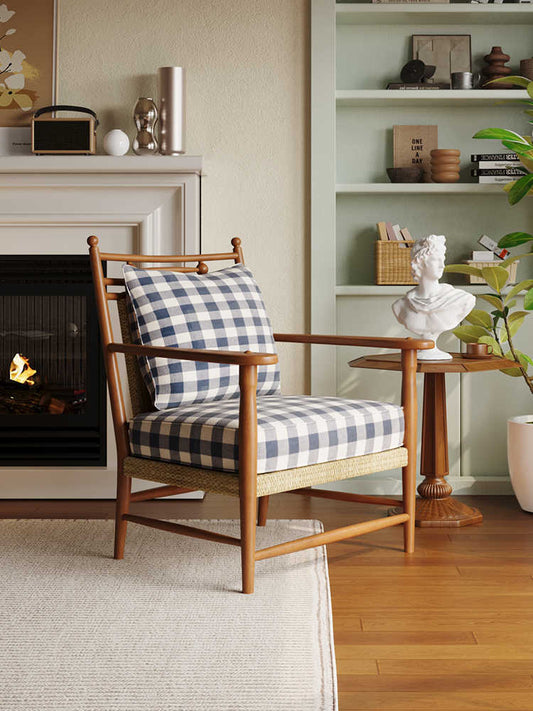 Vintage Plaid Wooden Armchair – Designer Checkered Accent Sofa for Living Room, Homestay, or Study