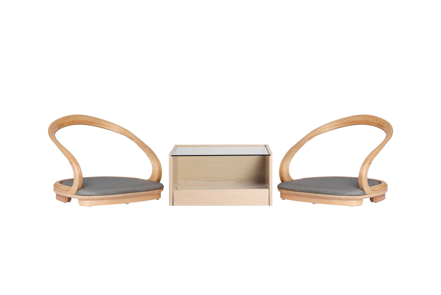 Danish "Floating Ribbon" Meditation Set – Bentwood Floor Chair & Glass Storage Table for Tatami Tea Ceremony, Japanese-Inspired Living Room Furniture