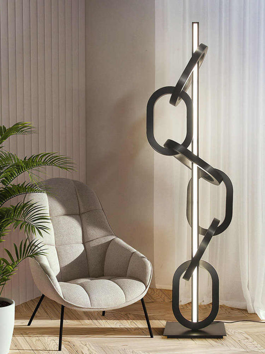 Designer Black Chain Ring Sculpture Floor Lamp, Modern Creative Sand Black Stainless Steel Lighting for Showroom/Living Room/Luxury Decor