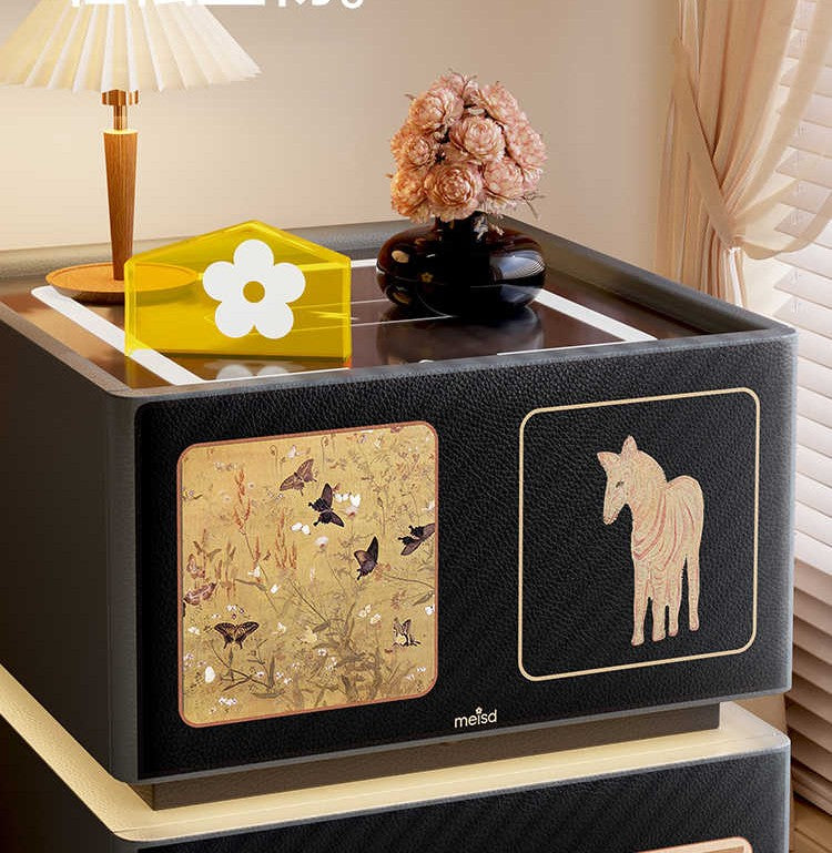Smart Nightstand with Wireless Charging & LED Touch Lamp, Vintage Animal Print Bedside Cabinet, Modern Luxury Bedroom Furniture with Motion Sensor Light