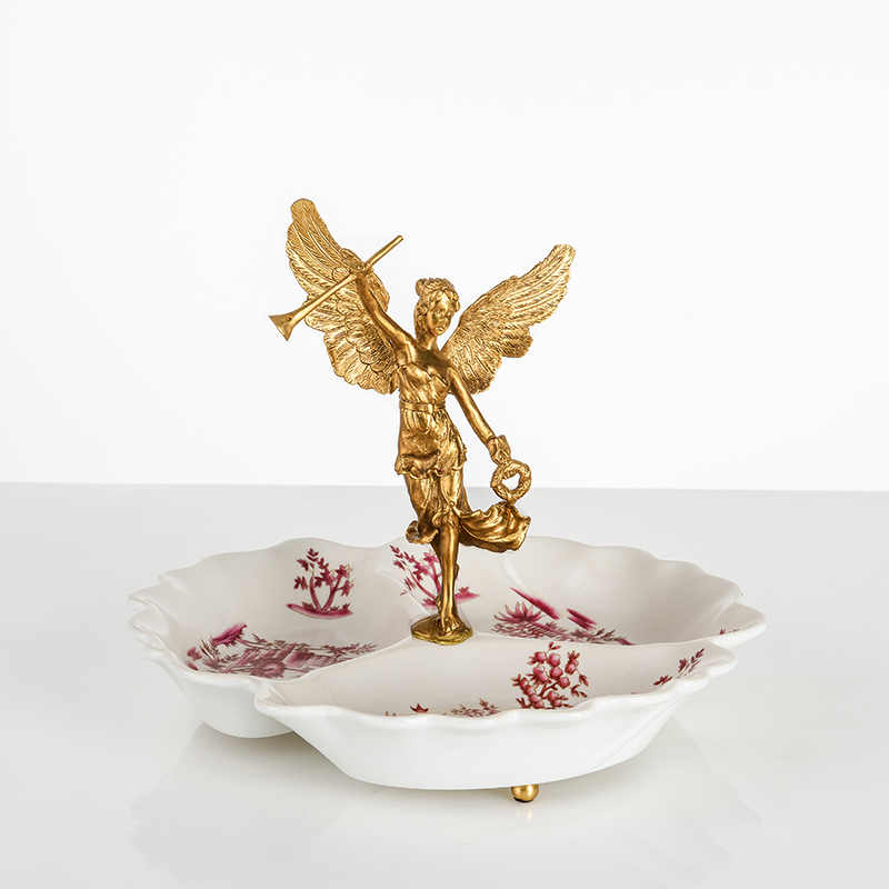 Porcelain and Brass Angel Fruit Bowl – Decorative Red Floral Centerpiece Dish for Living Room, Coffee Table, Dining Room, and Gift Décor