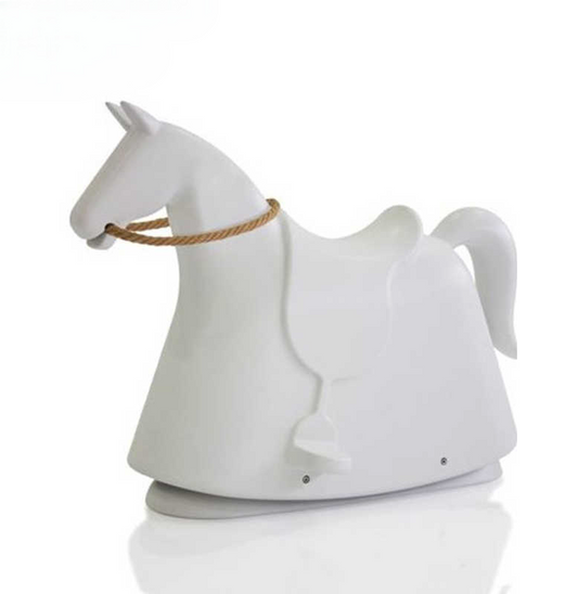 Rocky Fiberglass Rocking Horse – Modern Kids Toy Chair, White Playroom Seat with Rope Rein, Indoor Children's Furniture