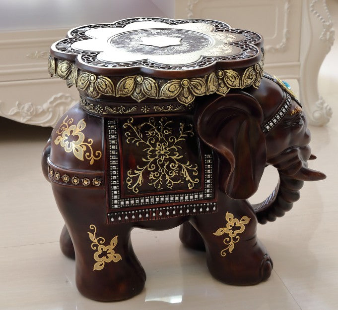 Creative Elephant Stools Set, European Style Shoe Changing Stools, Living Room Fortune Decorative Ornaments, Housewarming Gift - Wood-Grain Finish Set (Trunk Up + Trunk Down)