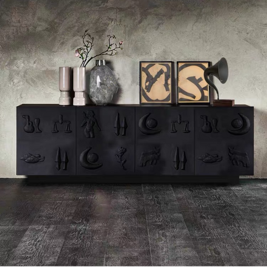 Italian Designer Black Sculpted Sideboard – Modern Minimalist Entryway Cabinet, Brutalist Vintage Buffet Storage Console, Artistic Embossed Credenza for Living Room