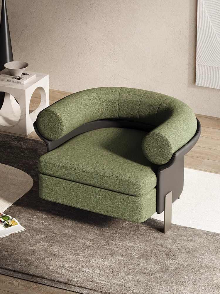 Modern Green Boucle Lounge Chair, Designer Single Armchair with Napa Leather Accent, Contemporary Minimalist Sofa for Living Room, Reception, Hotel Suite
