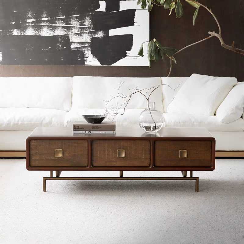 Walnut Mid-Century Modern Coffee Table with 6 Rattan Drawers – Asian Style Retro Living Room Table, Import Quality Storage Furniture for Small Spaces