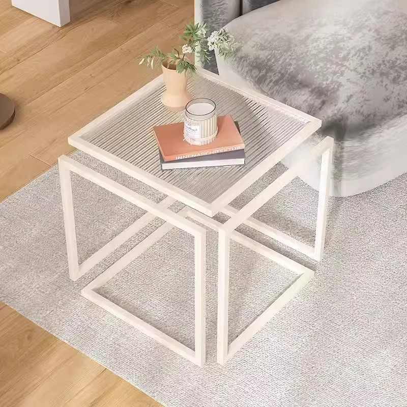 Modern Minimalist Floating Glass Side Table, Large White Metal Frame Square Accent for Living Room, Sofa, or Bedroom