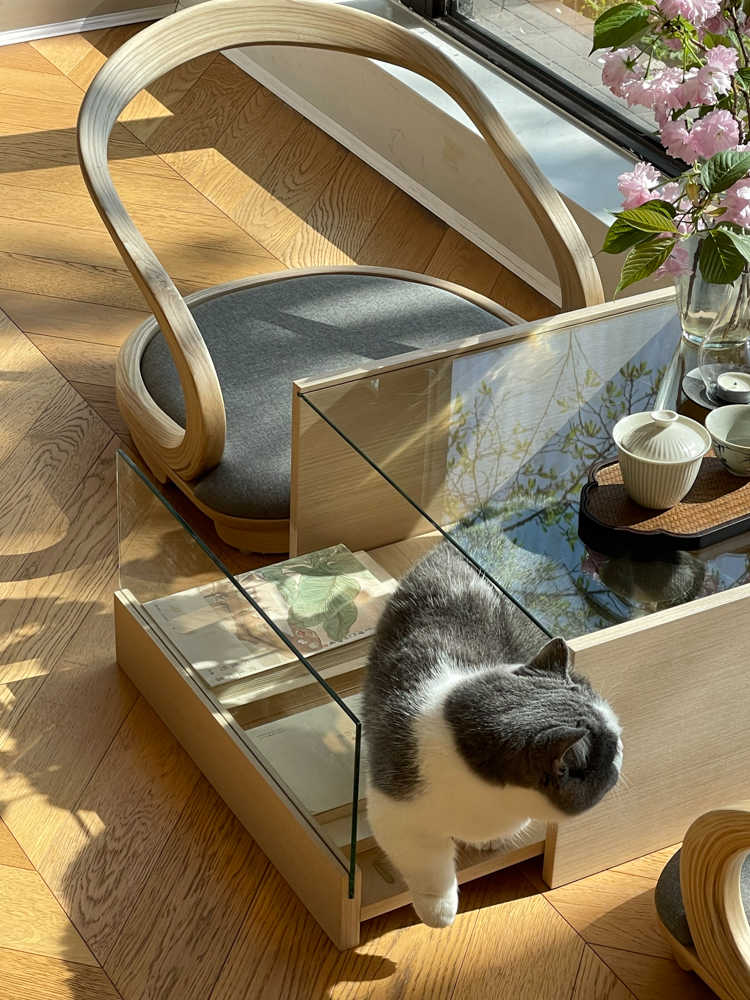 Danish "Floating Ribbon" Meditation Set – Bentwood Floor Chair & Glass Storage Table for Tatami Tea Ceremony, Japanese-Inspired Living Room Furniture