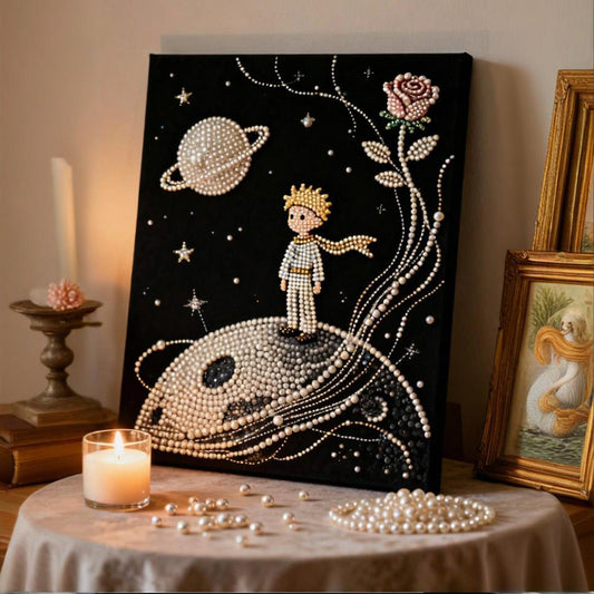 Modern Pearl Little Prince Art, 3D Matte Minimalist Framed Wall Art, Custom Handmade with Brushed Black Aluminum