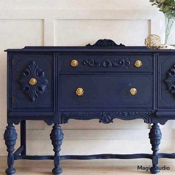 Vintage Carved Blue Entryway Cabinet –  European Luxury Living Room Sideboard, Ornate Storage Buffet