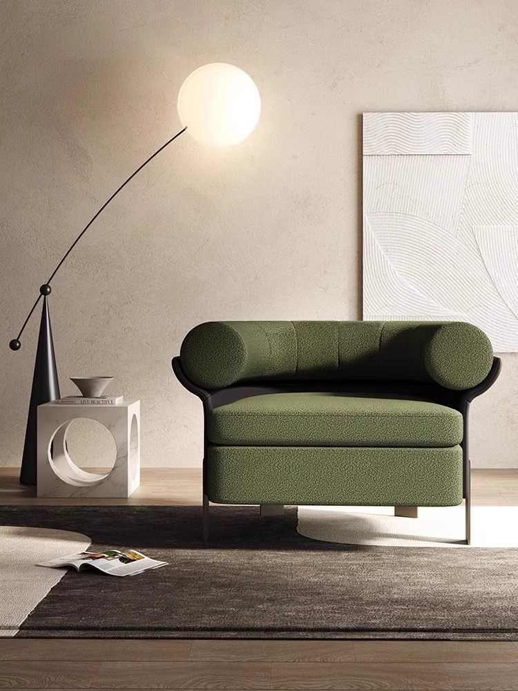 Modern Green Boucle Lounge Chair, Designer Single Armchair with Napa Leather Accent, Contemporary Minimalist Sofa for Living Room, Reception, Hotel Suite