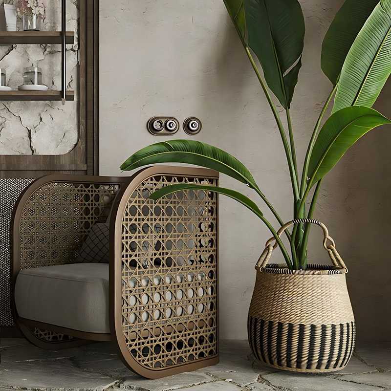 Country Vintage Cane Armchair – Rustic Single Lounge Chair, Solid Wood Rattan Screen Accent, Retro Circle Backrest