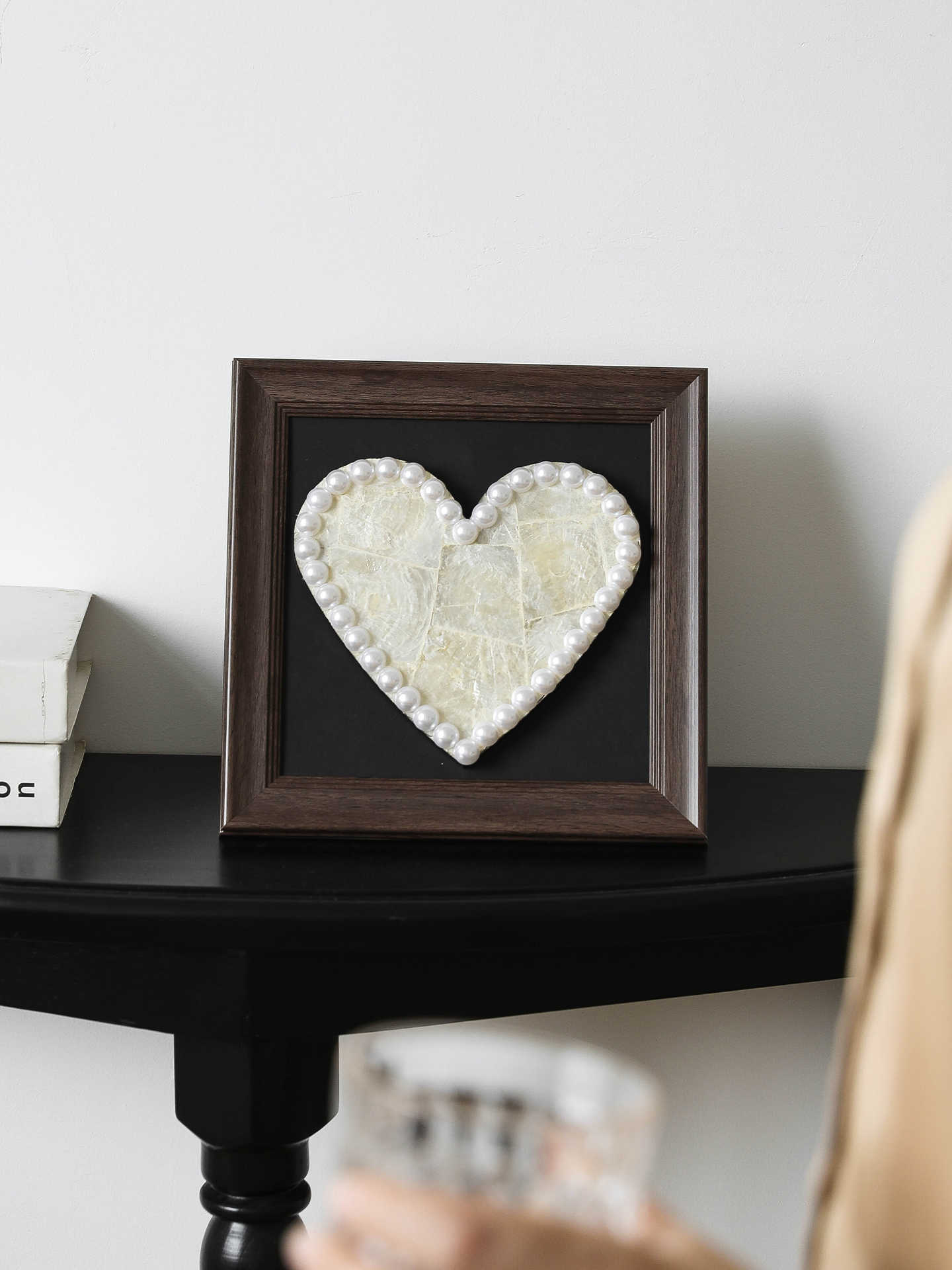 Luxury Pearl Heart Decorative Art, Square Eco Resin Frame Tabletop or Wall Accent for Living Room & Bedroom