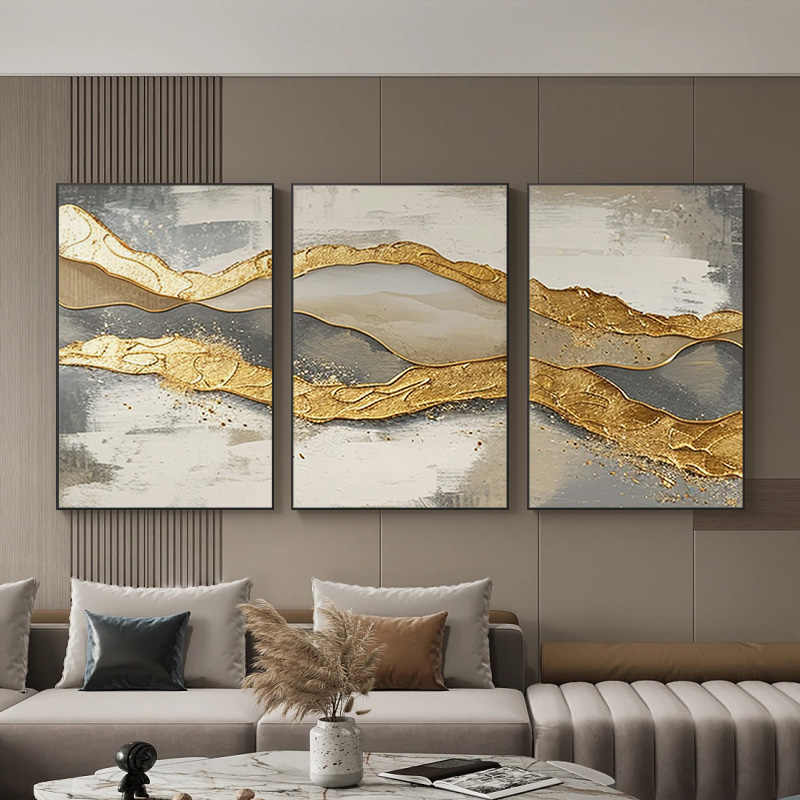 Luxury Modern Gold Abstract Hand-Painted Canvas Wall Art Triptych, Set of 3 Large Unframed Textured Paintings for Living Room Sofa Background