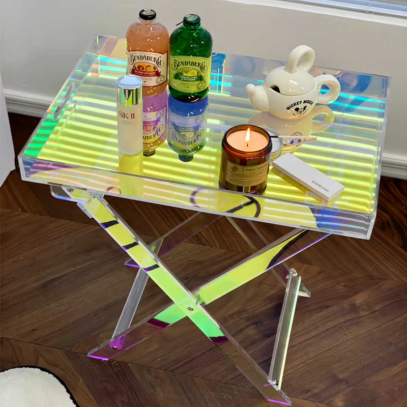 Iridescent Acrylic Folding Tray Table – Modern Multifunctional Bedside Coffee Side Table, Space-Saving Compact Art Deco End Table for Bedroom Living Room, Portable Storage Shelf