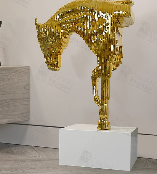 Modern Gold Pixel Horse Head Sculpture, Large Creative Art Decor for Hotel Lobby, Showroom & Entrance Display, Premium Designer Statement Piece