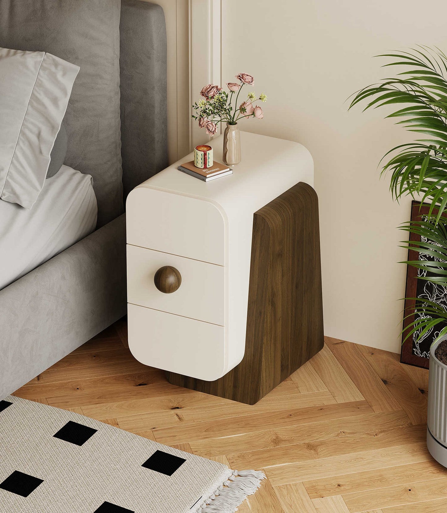 Modern Black Walnut Narrow Nightstand with Drawer, 30cm Wide Space-Saving Bedside Table with AI Design Patent