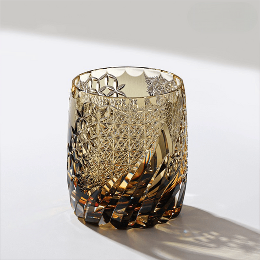 Hand-Carved Whiskey Glass 330ml – Luxury Amber Crystal, Wind, Flower, Snow, Moon Motif, Premium Gift Box