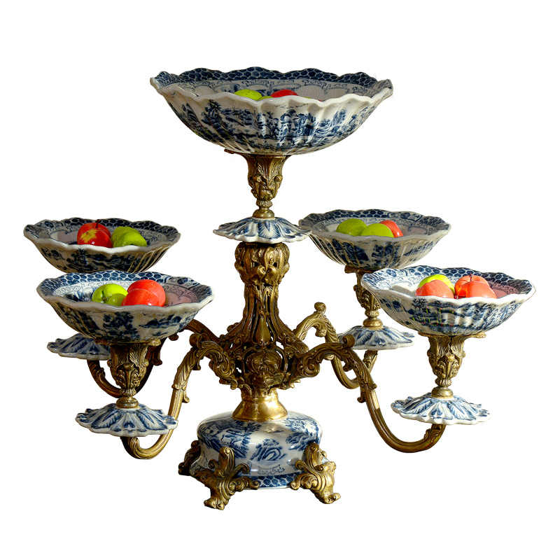 Multi-Tier Porcelain and Brass Fruit Bowl Centerpiece – Luxury Decorative Multi-Dish Stand for Living Room, Villa, Buffet, and Holiday Display