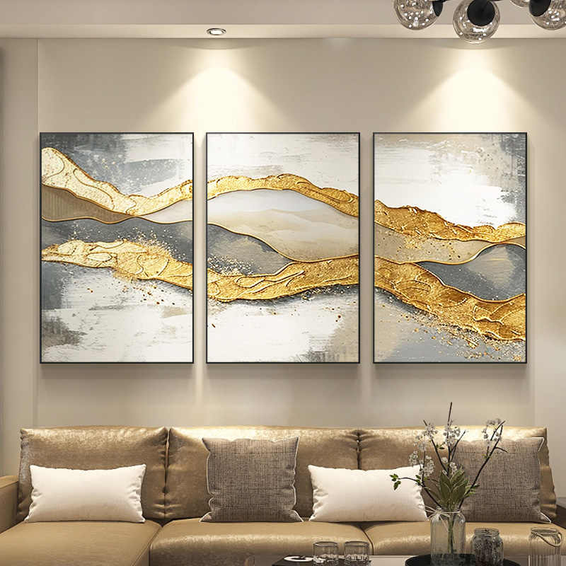 Luxury Modern Gold Abstract Hand-Painted Canvas Wall Art Triptych, Set of 3 Large Unframed Textured Paintings for Living Room Sofa Background