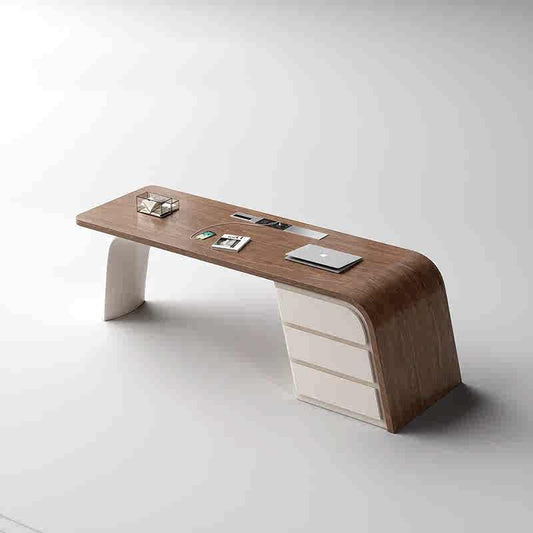 Modern Minimalist Black Walnut Executive Desk – Curved Wood Office Table for Study & Workspace