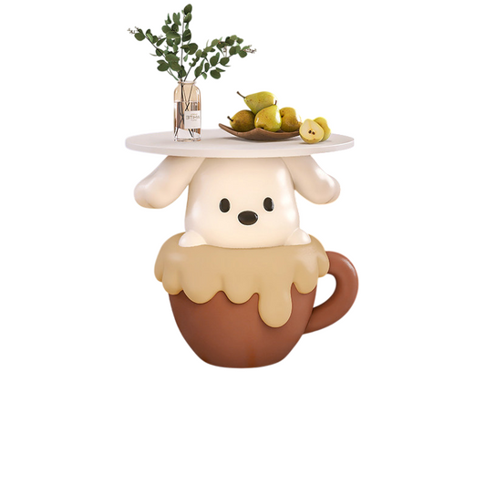 Brown and Cream Resin Teacup Puppy Side Table with Round White Wood Top, Cute Cartoon Accent End Table and Bedside Stand for Bedroom, Living Room, Kids Room and Nursery