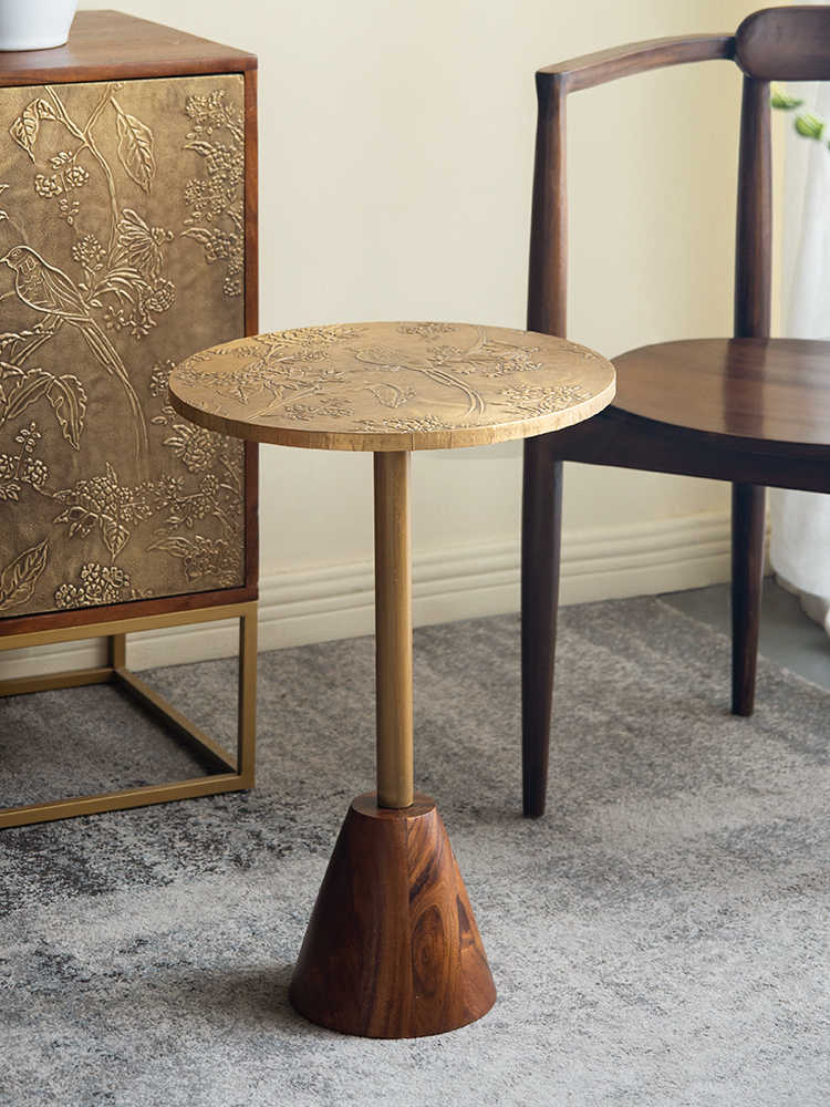 Golden Magpie Brass & Wood Accent Table, Vintage Round Side Table for Living Room, Sofa, Balcony, Bedroom Nightstand, Bird Engraved