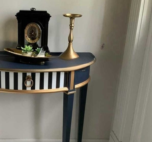 Light Luxury Semi-Circle Console Table – Neoclassical Blue Gold Striped Entryway, Solid Wood Hallway Display Table