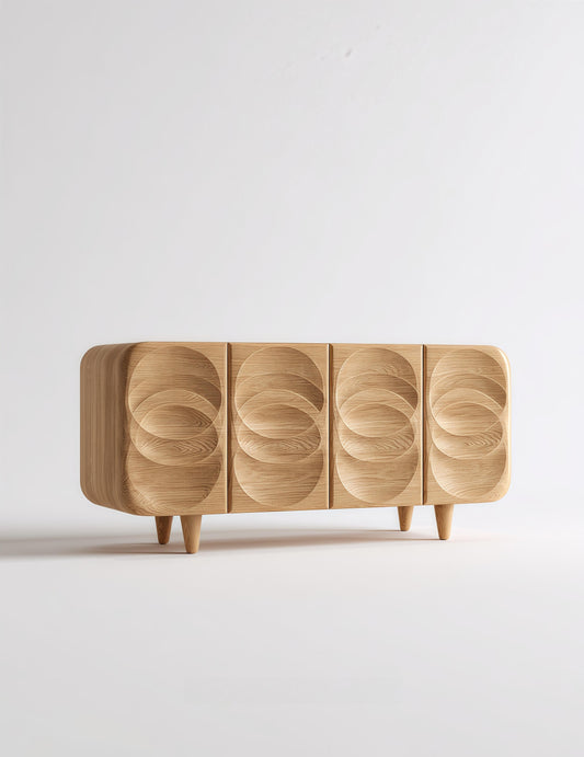 Retro Sculpted Wood Sideboard – Designer Solid Wood S-Pattern Carved Buffet, Modern Artistic Storage Cabinet