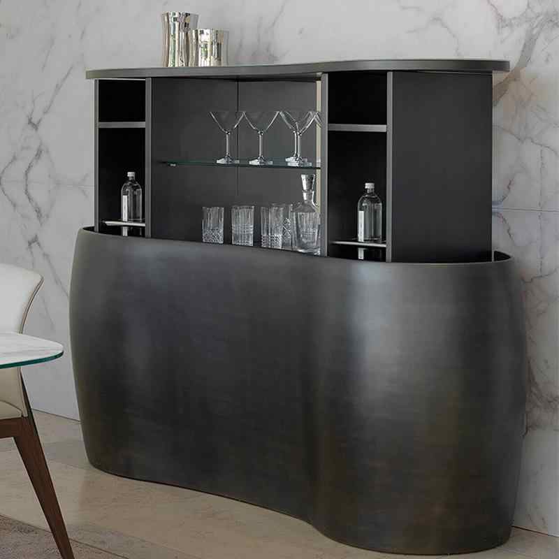 Luxury Adjustable Bar Cabinet – Modern Curved Wine Storage with Glass Display Shelves, Designer Contemporary Cocktail Cabinet for Living Rooms