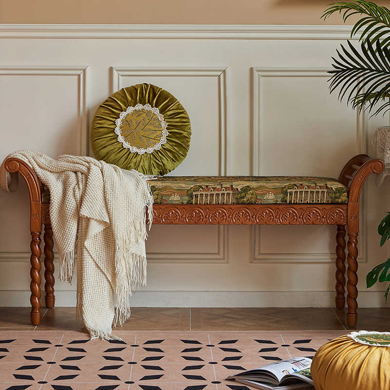 Camille Manor Vintage Upholstered Wooden Bench, Antique Carved Entryway Shoe Bench, French Style Bedroom End-of-Bed Ottoman