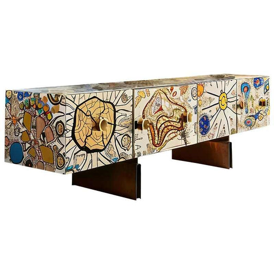 Designer Collab Pop Art Painted TV Stand, Artistic Storage Sideboard for Living Room, Bold Original Multi-Color Media Cabinet