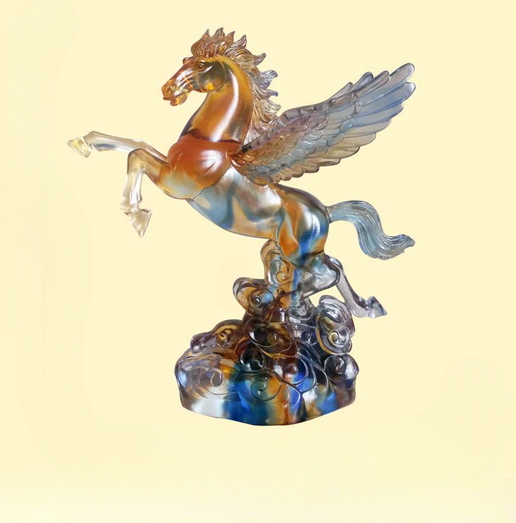 Amber Blue Crystal Pegasus Figurine, Luxury Winged Horse Sculpture for Modern Home Office Decor, Large Art Glass Collectible