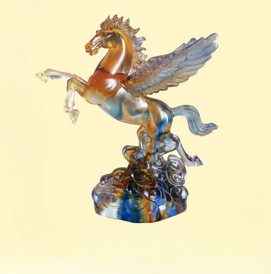 Amber Blue Crystal Pegasus Figurine, Luxury Winged Horse Sculpture for Modern Home Office Decor, Large Art Glass Collectible