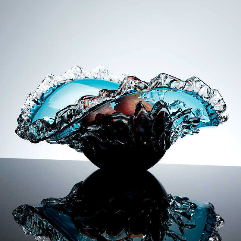 Creative Blue Wave Glass Art Fruit Bowl, Luxury Large Crystal Serving Tray with Sculptural Edges, Home Decor Centerpiece