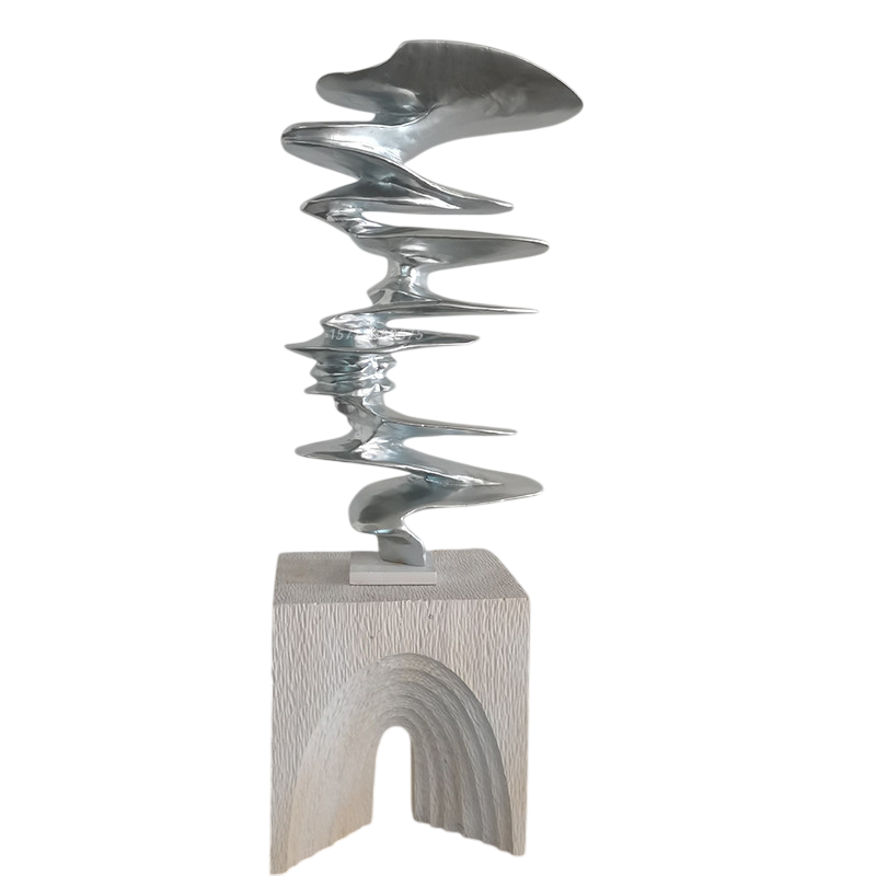 Silver Abstract Wood Sculpture, Modern Curved Floor Art Decor, 31.5 Inch