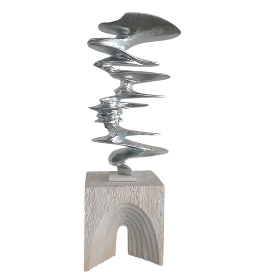 Silver Abstract Wood Sculpture, Modern Curved Floor Art Decor, 31.5 Inch
