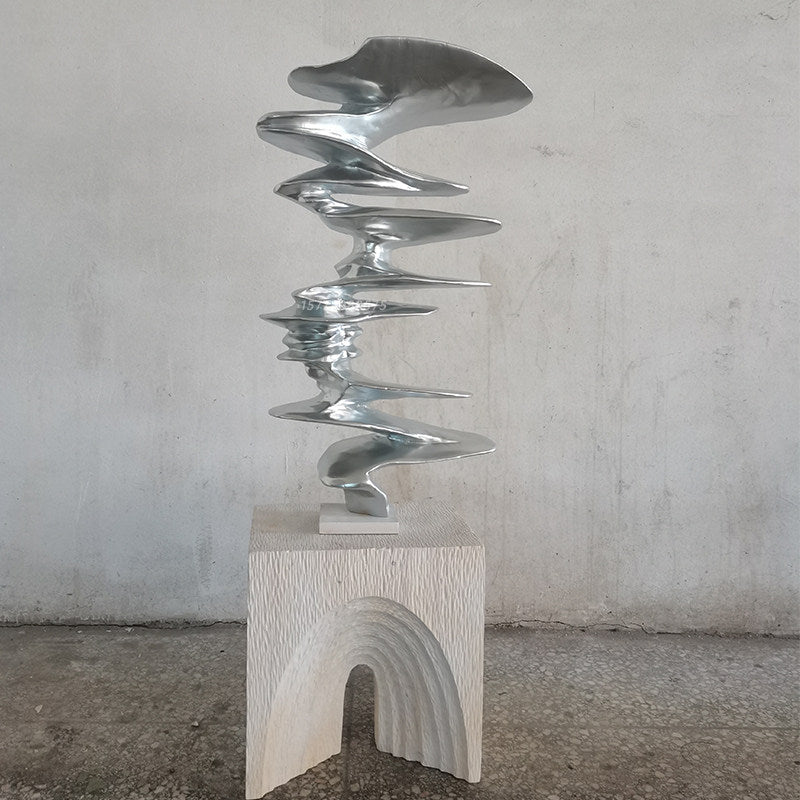 Silver Abstract Wood Sculpture, Modern Curved Floor Art Decor, 31.5 Inch