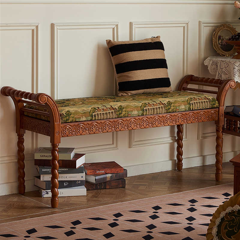 Camille Manor Vintage Upholstered Wooden Bench, Antique Carved Entryway Shoe Bench, French Style Bedroom End-of-Bed Ottoman