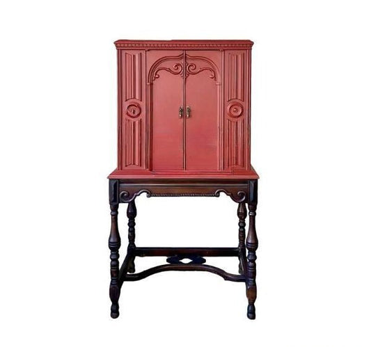 Vintage Solid Wood Tall Cabinet – Art Deco Red Entry Buffet, Antique Living Room Storage, Display, Bookcase & Wine Cabinet, Custom Design