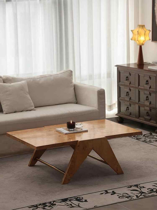 Golden Burl Wood Coffee Table – Chandigarh Style Designer Rectangular Low Table, Natural Tree Burr Grain Living Room Coffee Table, Mid-Century Modern Furniture