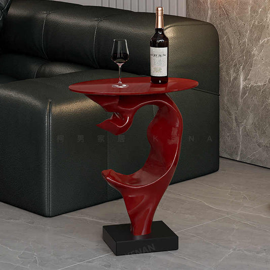 Modern Sculptural Red Accent Side Table – Luxury Designer End Table for Living Room, Study, Bedroom, Minimalist Artistic Sofa Table