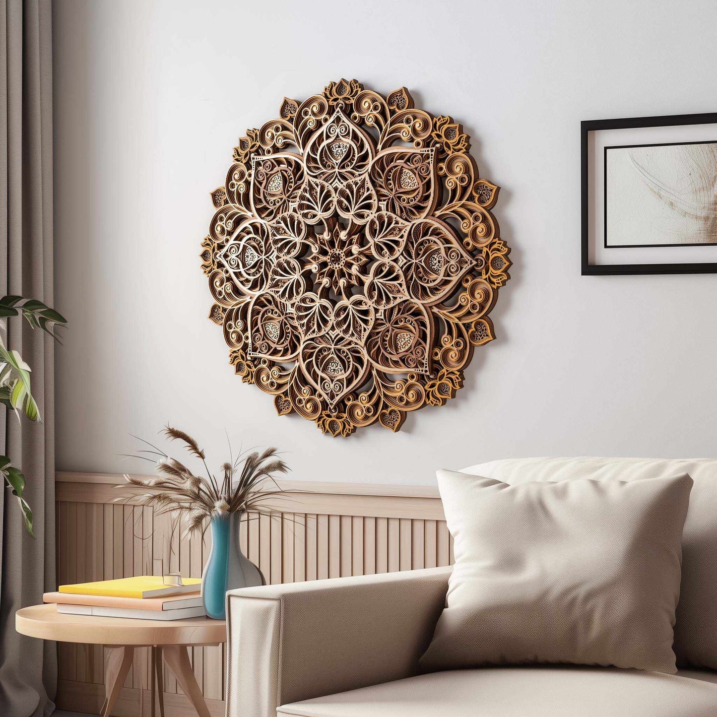 Large 3D Wooden Mandala Wall Art – Handcrafted Bodhi Flower Round Panel, Modern Sofa Backdrop, Living Room, Dining, Bedroom Decor