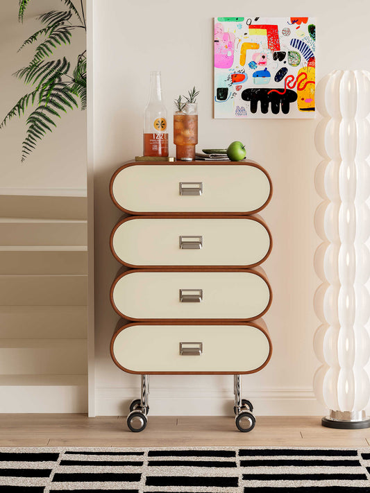 French Cream Oval Chest with Casters – Modern Mobile 4-Drawer Storage Cabinet, Two-Tone Walnut and White Accent Dresser for Small Spaces