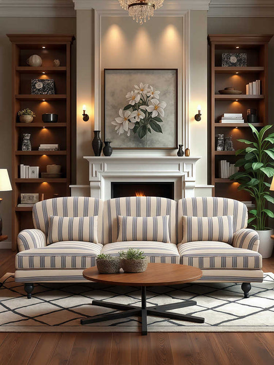 Vintage Striped Sofa – Retro 3-Seater Fabric Couch for Living Room, Homestay, Designer Loft