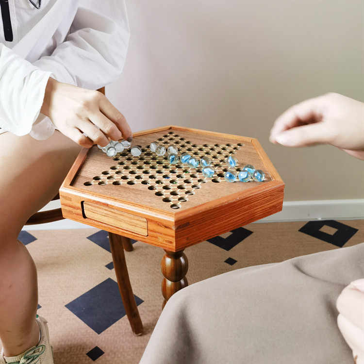 Walnut Wood Checkers Side Table with Storage Drawer, Nordic Style Hexagonal Game Table with Turned Pedestal Base