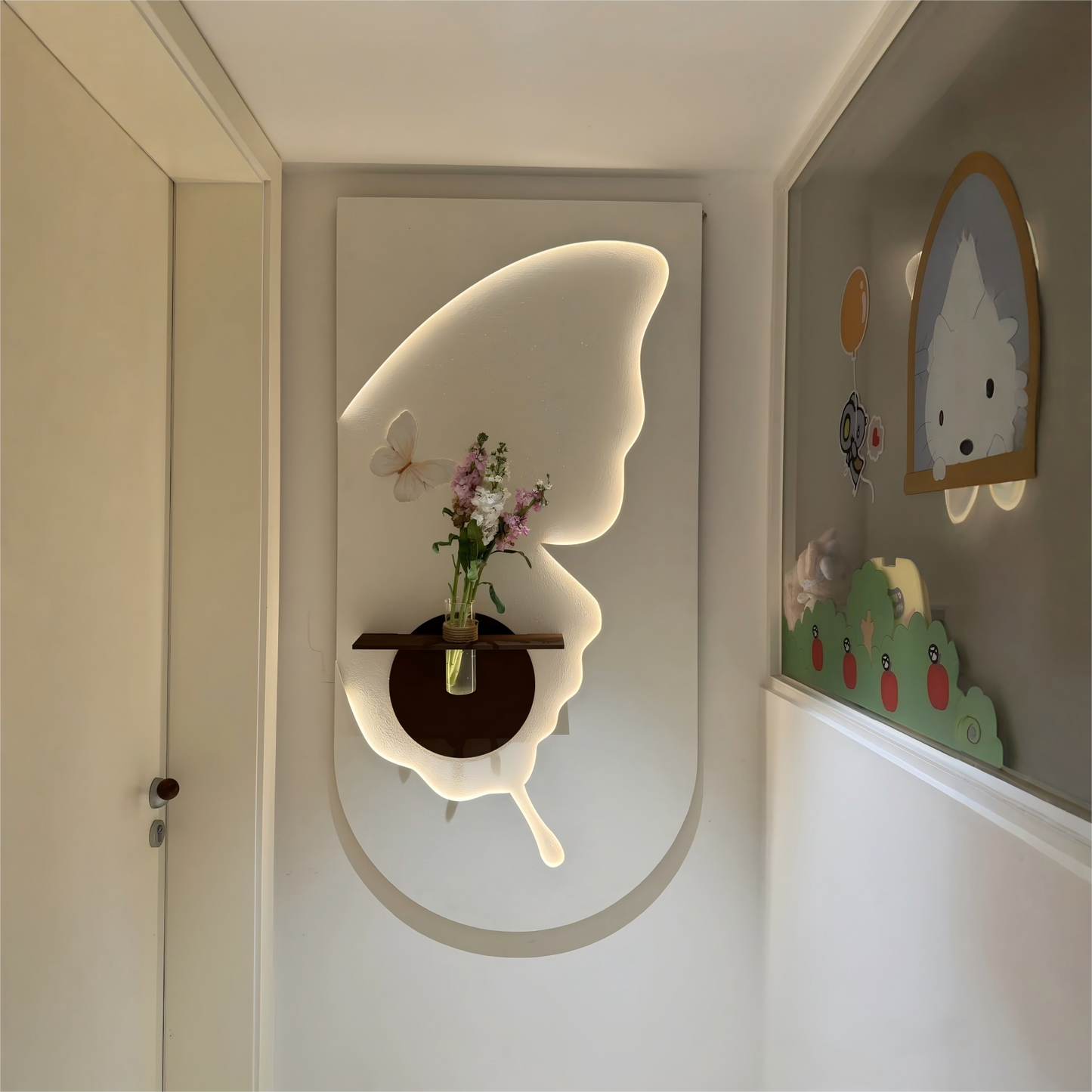 Modern Sandstone 3D Wall Art with Glass Vase and LED Lighting, Entryway Corridor End Decorative Painting, Cream Style Plant-Inspired Relief