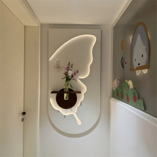 Modern Sandstone 3D Wall Art with Glass Vase and LED Lighting, Entryway Corridor End Decorative Painting, Cream Style Plant-Inspired Relief