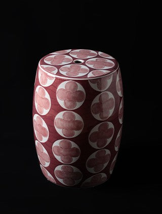 Ceramic Garden Stool with Hand-Painted Four-Leaf Clover, Red Decorative Drum Stool for Living Room, Patio & Side Table Use