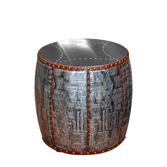 Industrial Vintage Barrel Side Table – American LOFT Style Metal Rivet Accent Table with Embossed Pattern, Round Bar Height Table